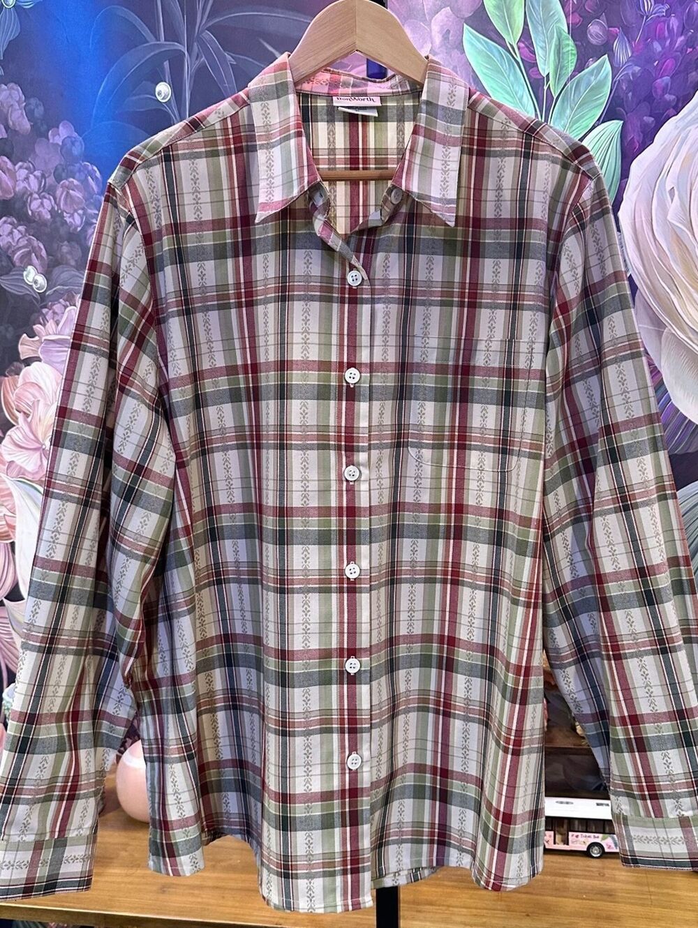 BonWorth XL Women's Plaid Button Up Shirt Cottagecore Jacquard Cream Burgundy
